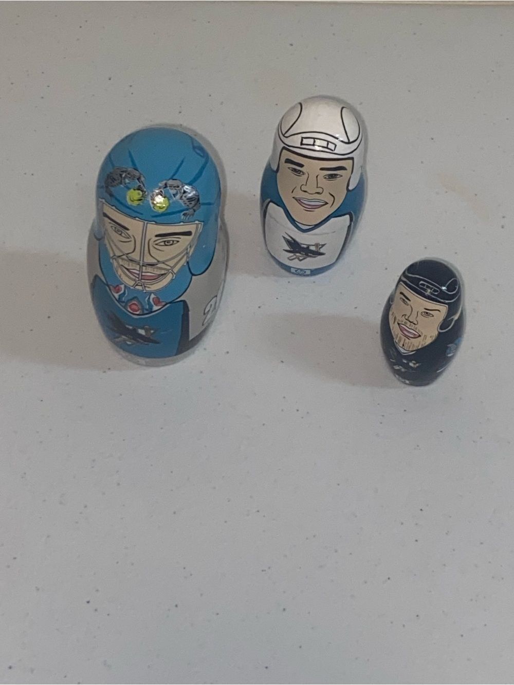 Set of 3 Hockey Player Nesting Dolls in Blue and White